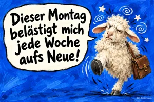 Genervtes Schaf mit Aktentasche und Sprechblase, Text: Dieser Montag belästigt mich jede Woche aufs Neue!