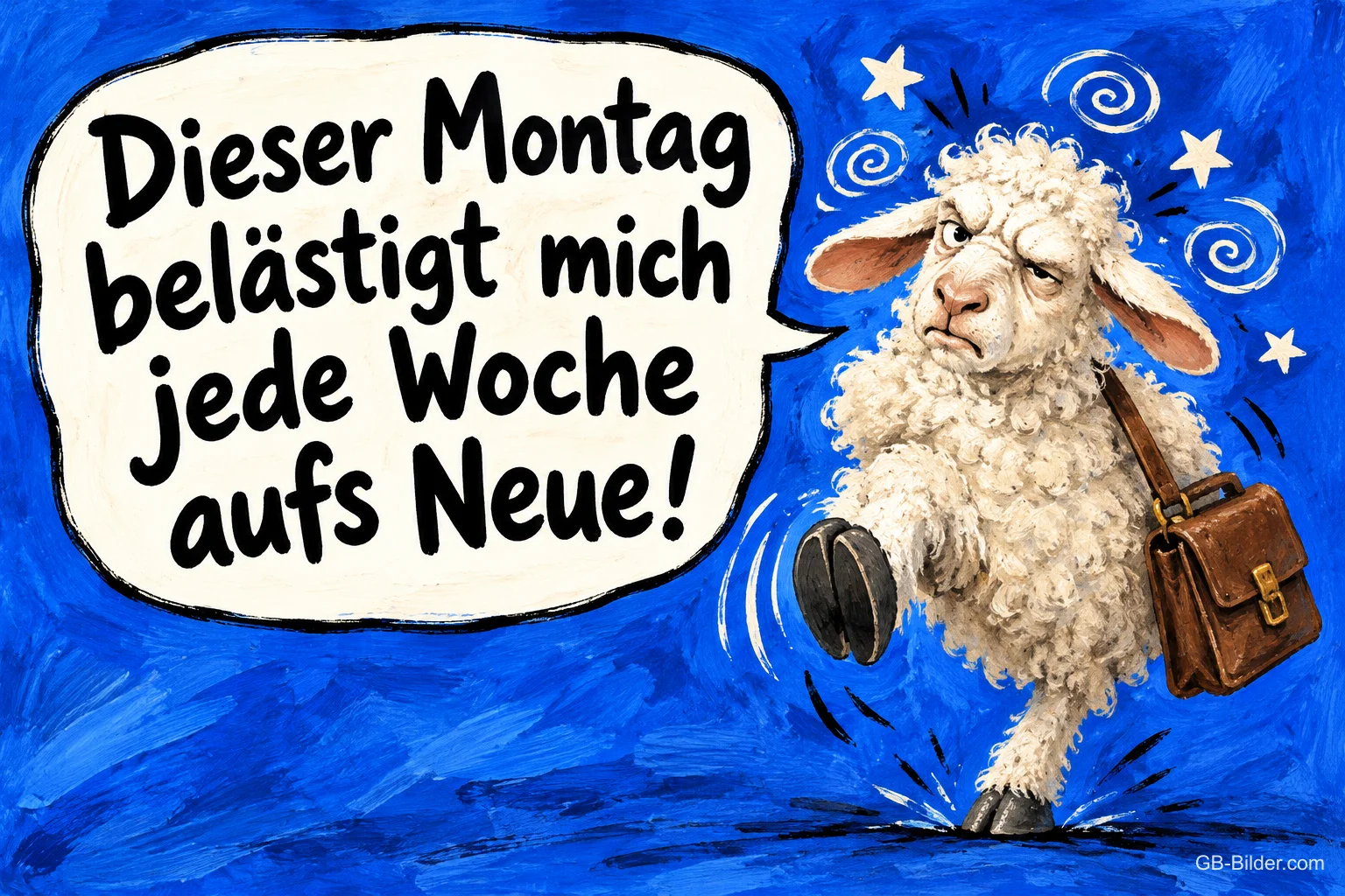Genervtes Schaf mit Aktentasche und Sprechblase, Text: Dieser Montag belästigt mich jede Woche aufs Neue!