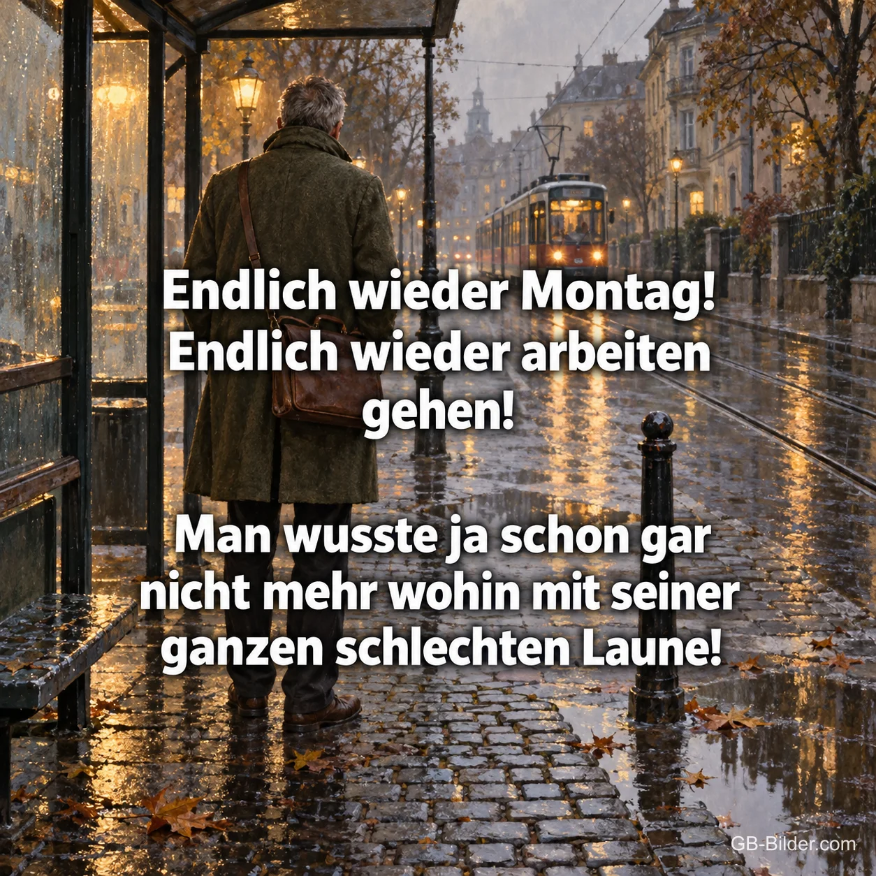 Mann im Regen, lustiger Spruch, Text: Endlich wieder Montag