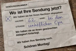 Paket-Benachrichtigung mit lustigem Eintrag, Schönen Montag!