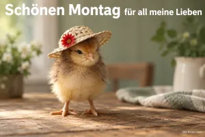 Küken mit Strohhut auf dem Tisch, Text: Schönen Montag für all meine Lieben