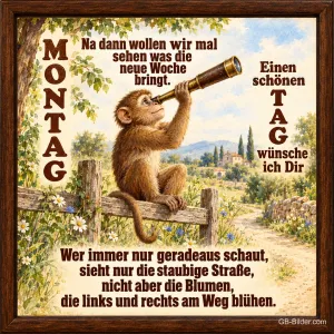 Äffchen mit Fernrohr auf einem Zaun, Spruch: Wer immer nur geradeaus schaut, sieht nicht die Blumen am Weg