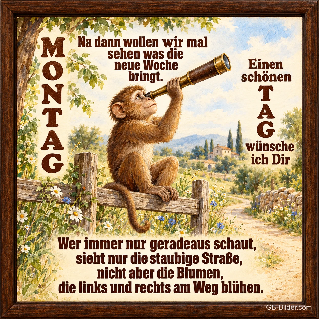 Äffchen mit Fernrohr auf einem Zaun, Spruch: Wer immer nur geradeaus schaut, sieht nicht die Blumen am Weg