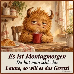 Müdes zotteliges Monster mit Kaffeetasse, Text: Es ist Montagmorgen – Da hat man schlechte Laune, so will es das Gesetz!