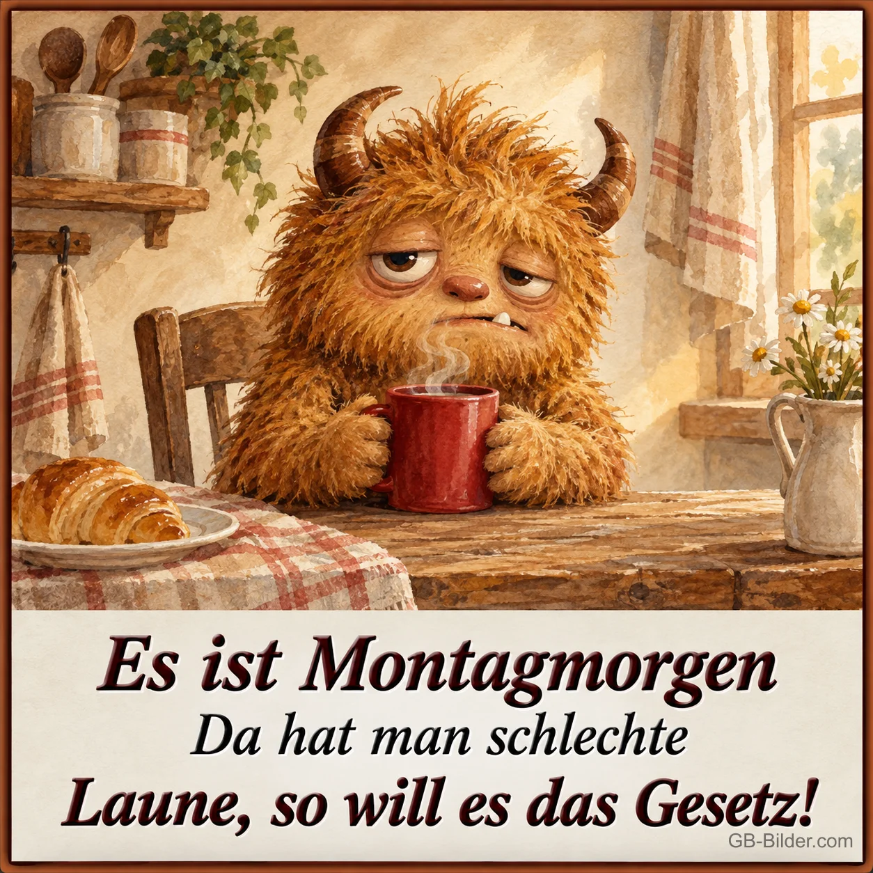 Müdes zotteliges Monster mit Kaffeetasse, Text: Es ist Montagmorgen – Da hat man schlechte Laune, so will es das Gesetz!