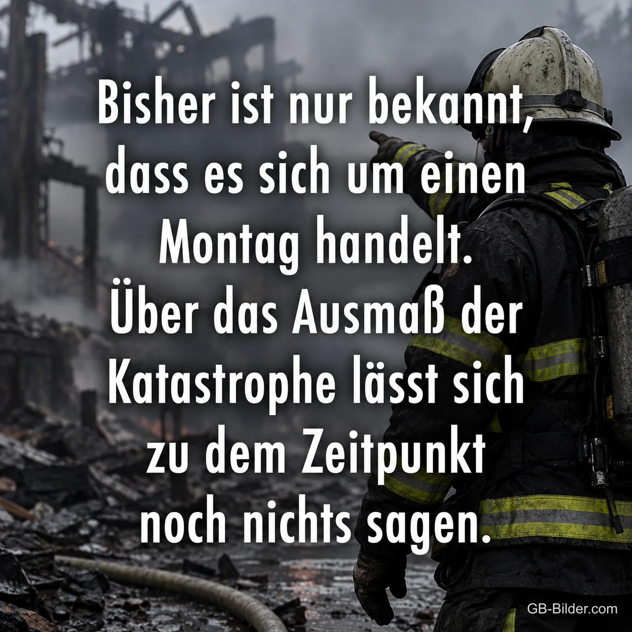 Feuerwehrmann vor rauchendem Gebäude, lustiger Spruch über den Montag als Katastrophe