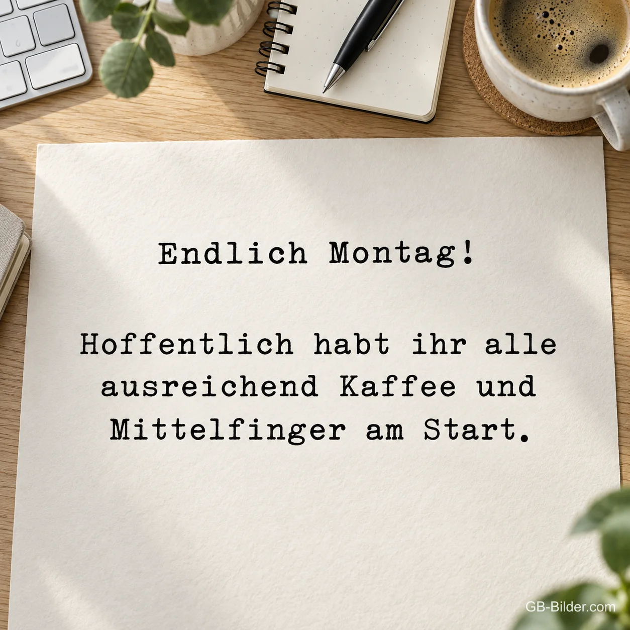Papier mit Schreibmaschinenschrift neben Kaffee, lustiger Montagsspruch
