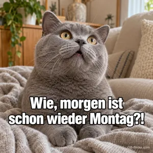 Erschrockene graue Katze auf dem Sofa, Text: Wie, morgen ist schon wieder Montag?!
