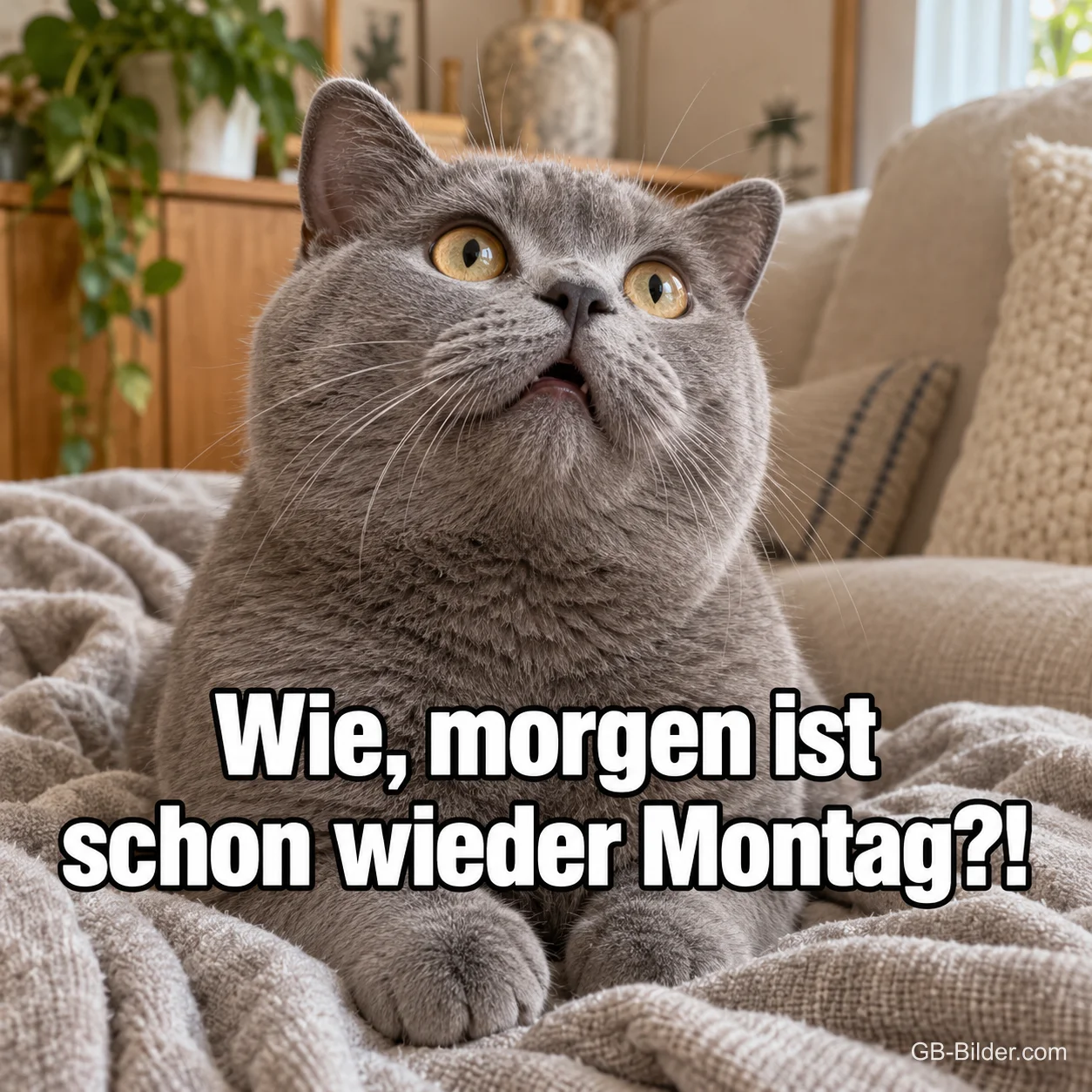 Erschrockene graue Katze auf dem Sofa, Text: Wie, morgen ist schon wieder Montag?!