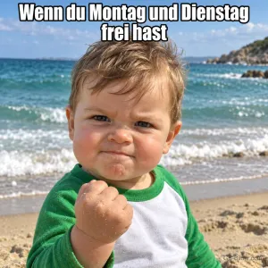 Kleinkind im grünen Shirt ballt am Strand siegessicher die Faust, Text: Wenn du Montag und Dienstag frei hast