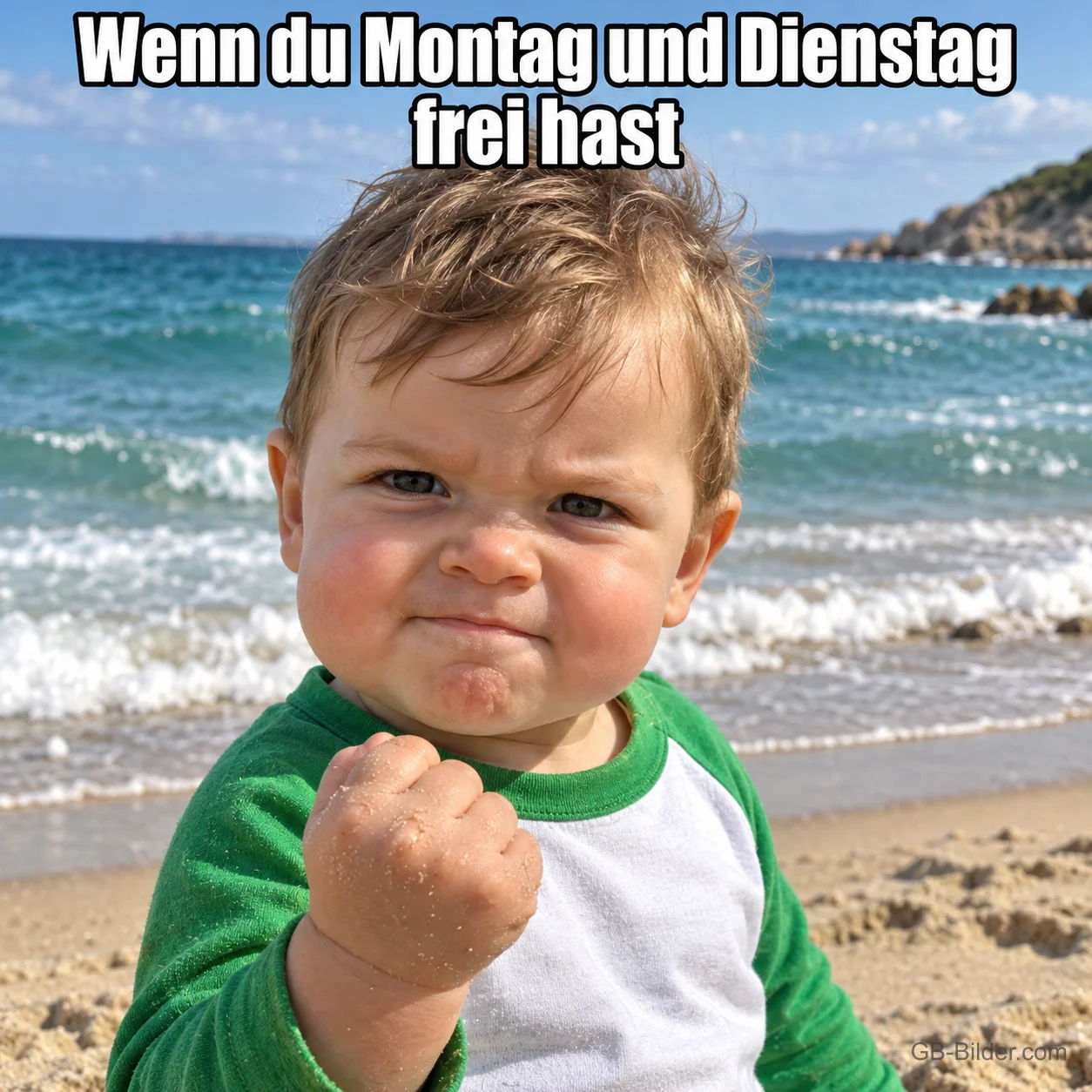 Kleinkind im grünen Shirt ballt am Strand siegessicher die Faust, Text: Wenn du Montag und Dienstag frei hast