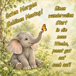 Elefantenbaby mit Schmetterling auf einer Wiese, Text: Guten Morgen – Schönen Montag! Einen wundervollen Start in die neue Woche