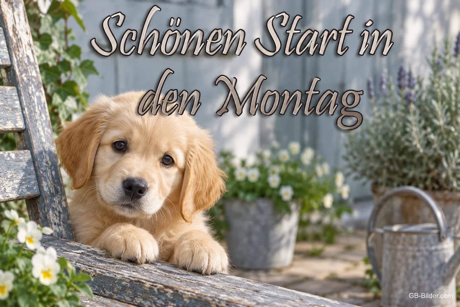 Welpe auf einer Gartenbank, Text: Schönen Start in den Montag