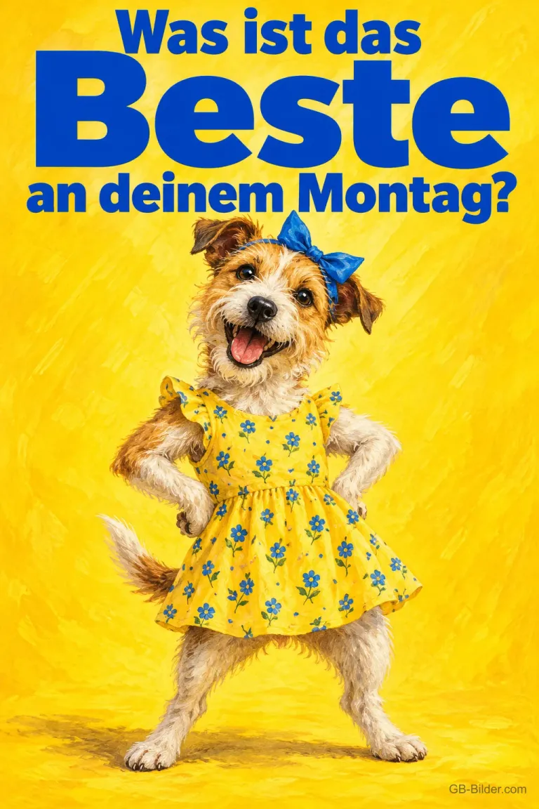Kleiner Hund im gelben Blumenkleid steht lachend mit Pfoten in der Hüfte, Text: Was ist das Beste an deinem Montag?
