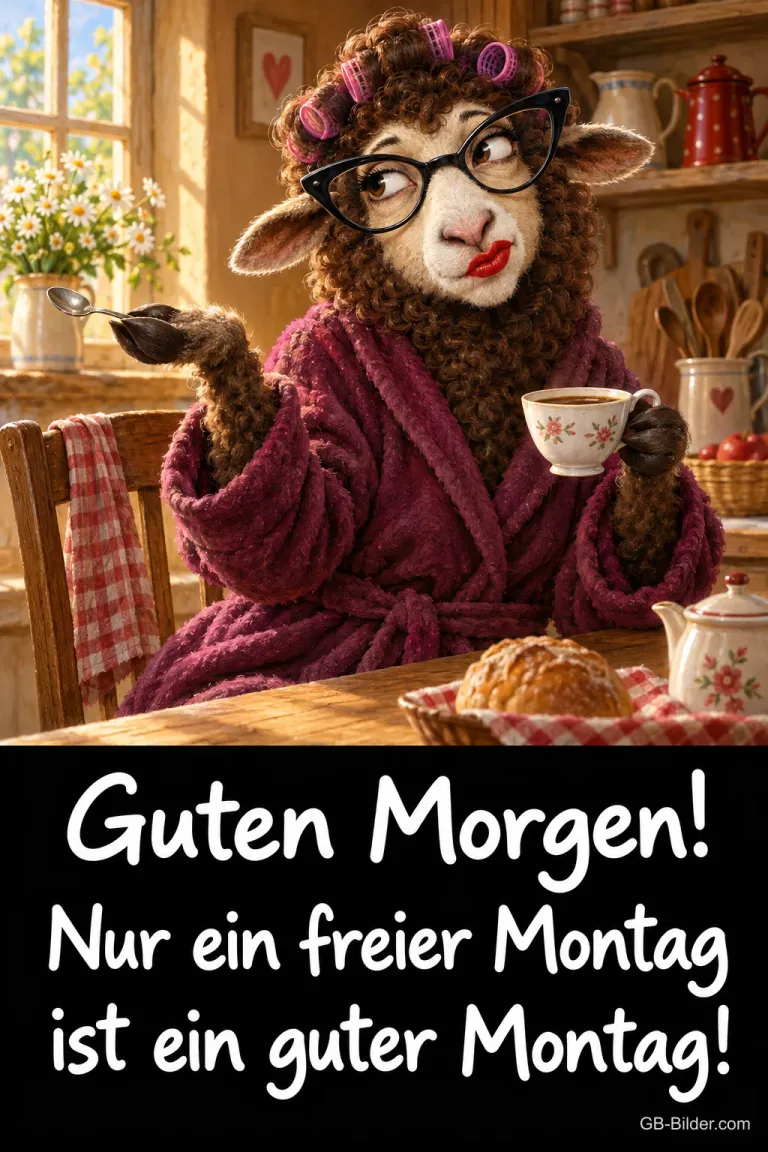 Schaf mit Lockenwicklern, Brille und Bademantel trinkt Tee in der Küche, Text: Guten Morgen! Nur ein freier Montag ist ein guter Montag!