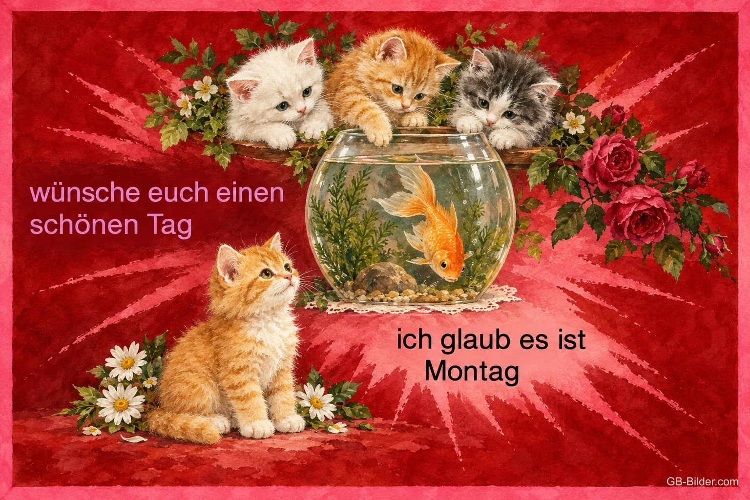 Kätzchen am Goldfischglas, Text: wünsche euch einen schönen Tag – ich glaub es ist Montag