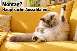 Flauschige Katze liegt verschlafen mit hochgestreckter Pfote auf einem gelben Sofa, Text: Montag? Hauptsache Ausschlafen...