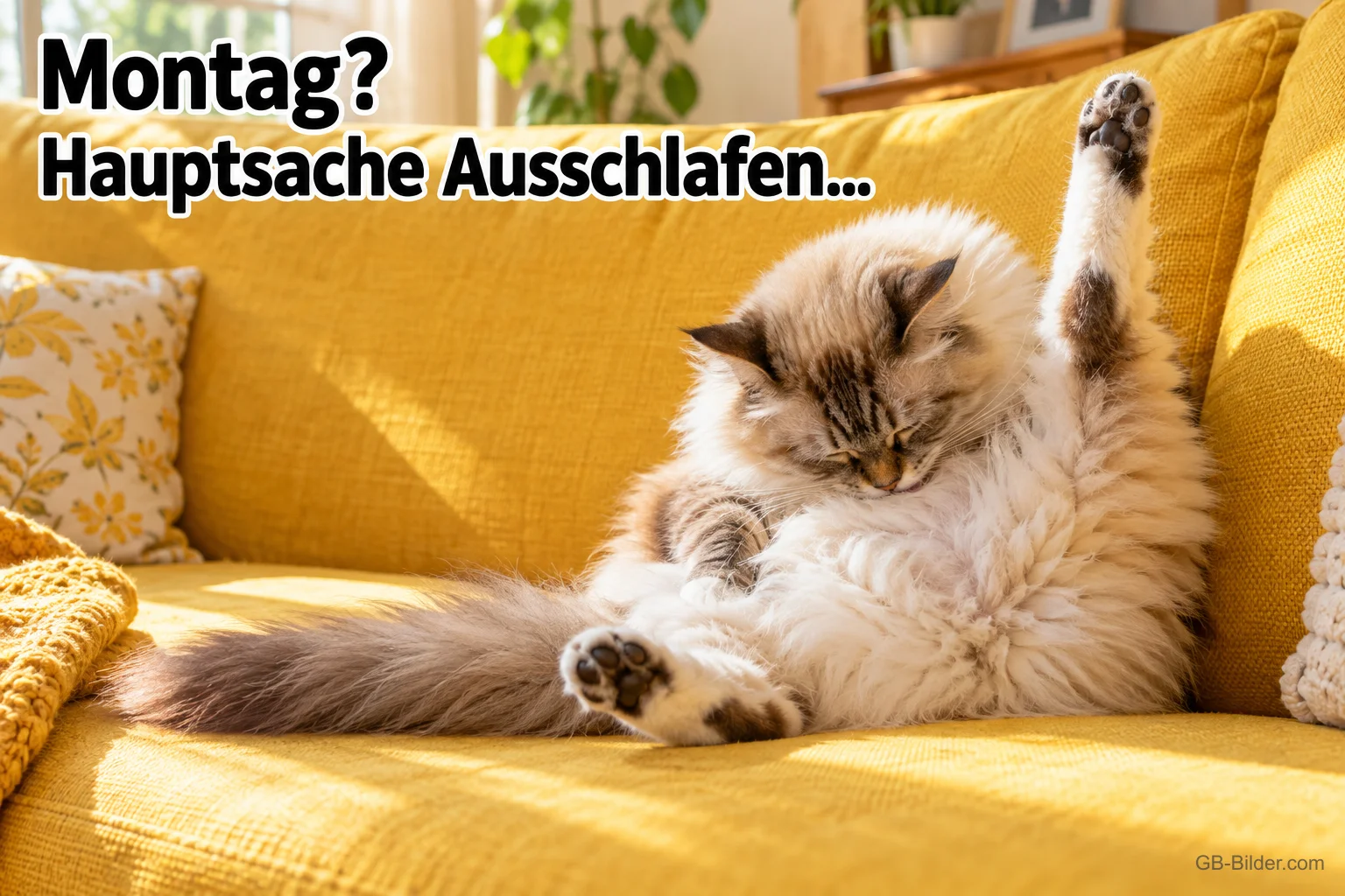 Flauschige Katze liegt verschlafen mit hochgestreckter Pfote auf einem gelben Sofa, Text: Montag? Hauptsache Ausschlafen...