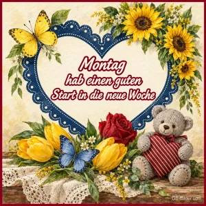 Teddybär mit Herz zwischen Blumen, Text: Montag – hab einen guten Start in die neue Woche