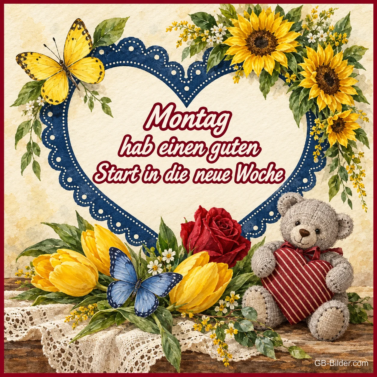 Teddybär mit Herz zwischen Blumen, Text: Montag – hab einen guten Start in die neue Woche