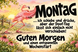 Flamingo stemmt sich gegen das Wort Montag am Strand, Text: Montag ... ich schiebe und drücke, aber der Doof-Tag lässt sich einfach nicht verschieben! Guten Morgen und einen entspannten Wochenstart