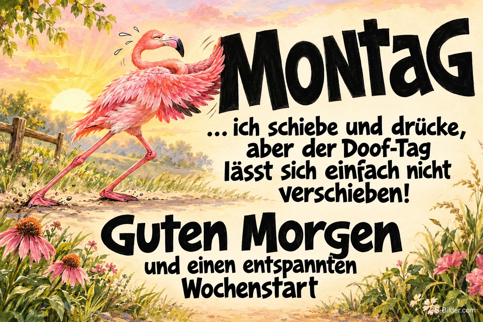 Flamingo stemmt sich gegen das Wort Montag am Strand, Text: Montag ... ich schiebe und drücke, aber der Doof-Tag lässt sich einfach nicht verschieben! Guten Morgen und einen entspannten Wochenstart