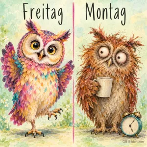 Bunte fröhliche Eule am Freitag, zerzauste müde Eule mit Tasse und Wecker am Montag, Text: Freitag | Montag
