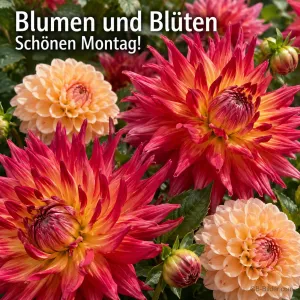 Rote und apricotfarbene Dahlien, Text: Blumen und Blüten – Schönen Montag!