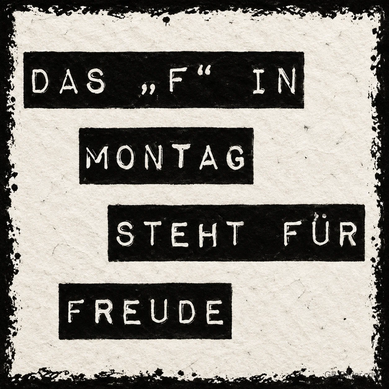 Prägebänder auf Papier, lustiger Spruch: Das F in Montag steht für Freude