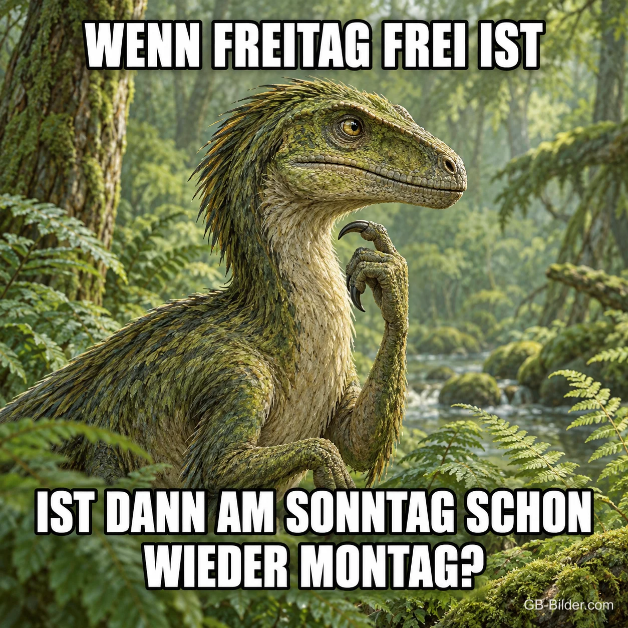 Nachdenklicher Raptor im Urwald, Text: Wenn Freitag frei ist, ist dann am Sonntag schon wieder Montag?