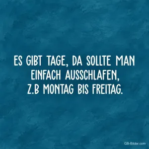 Weiße Schrift auf blauem Grund, Spruch: Es gibt Tage, da sollte man einfach ausschlafen, z.B. Montag bis Freitag.