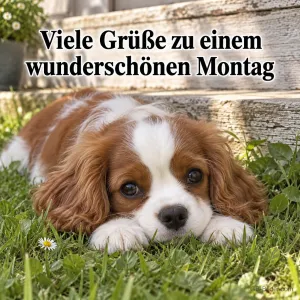 Welpe liegt im Gras, Text: Viele Grüße zu einem wunderschönen Montag