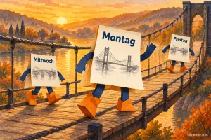 Drei Wochentagsblätter auf einer Brücke, Text: Montag, Mittwoch, Freitag