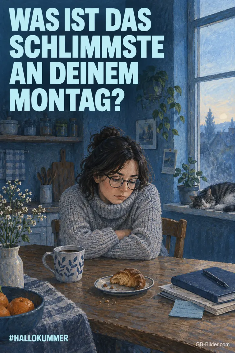 Missmutige Frau am Küchentisch, Text: Was ist das Schlimmste an deinem Montag?
