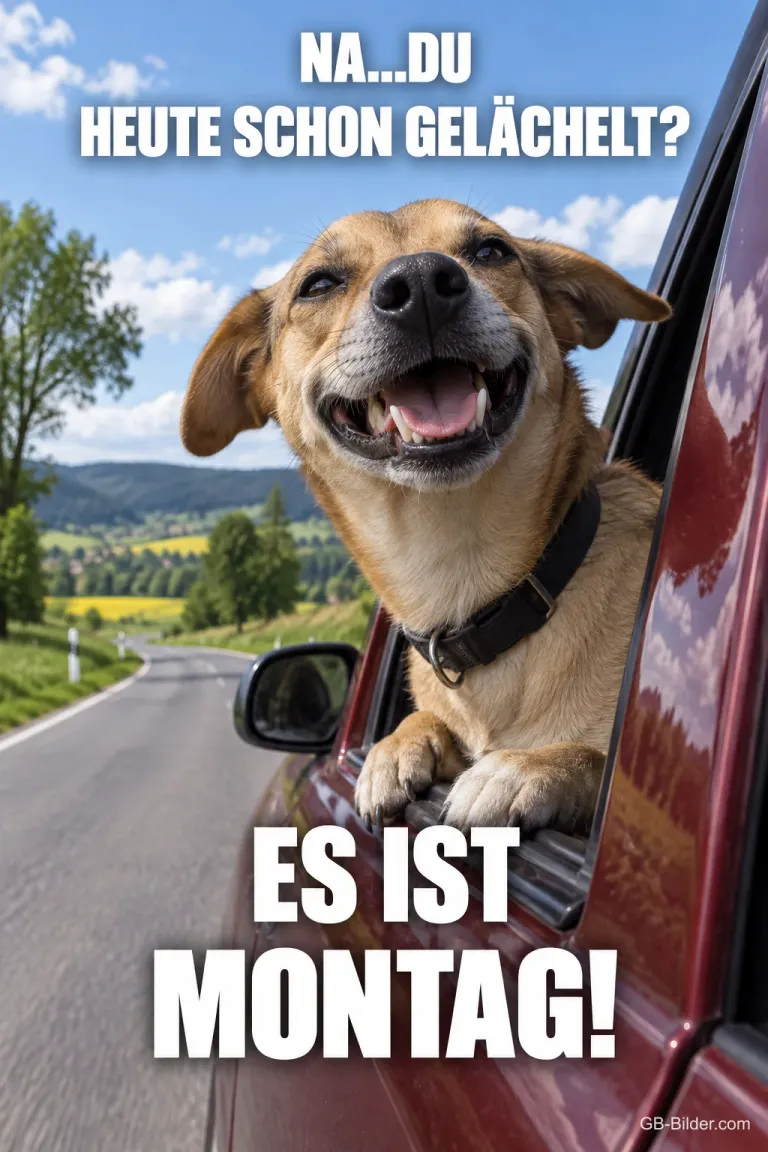 Grinsender Hund im Autofenster, Text: Na du, heute schon gelächelt? Es ist Montag!