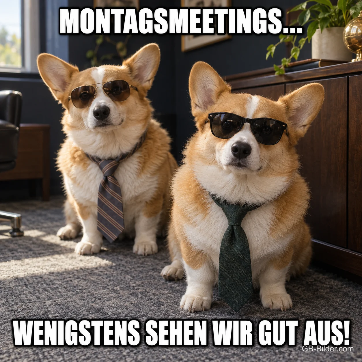 Zwei Corgis mit Sonnenbrillen und Krawatten, Text: Montagsmeetings... Wenigstens sehen wir gut aus!