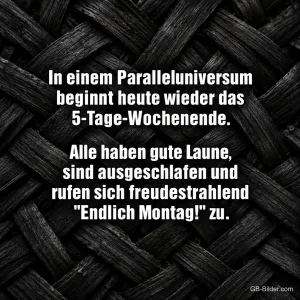 Weiße Schrift auf dunklem Flechtmuster, lustiger Spruch über das Paralleluniversum und Endlich Montag
