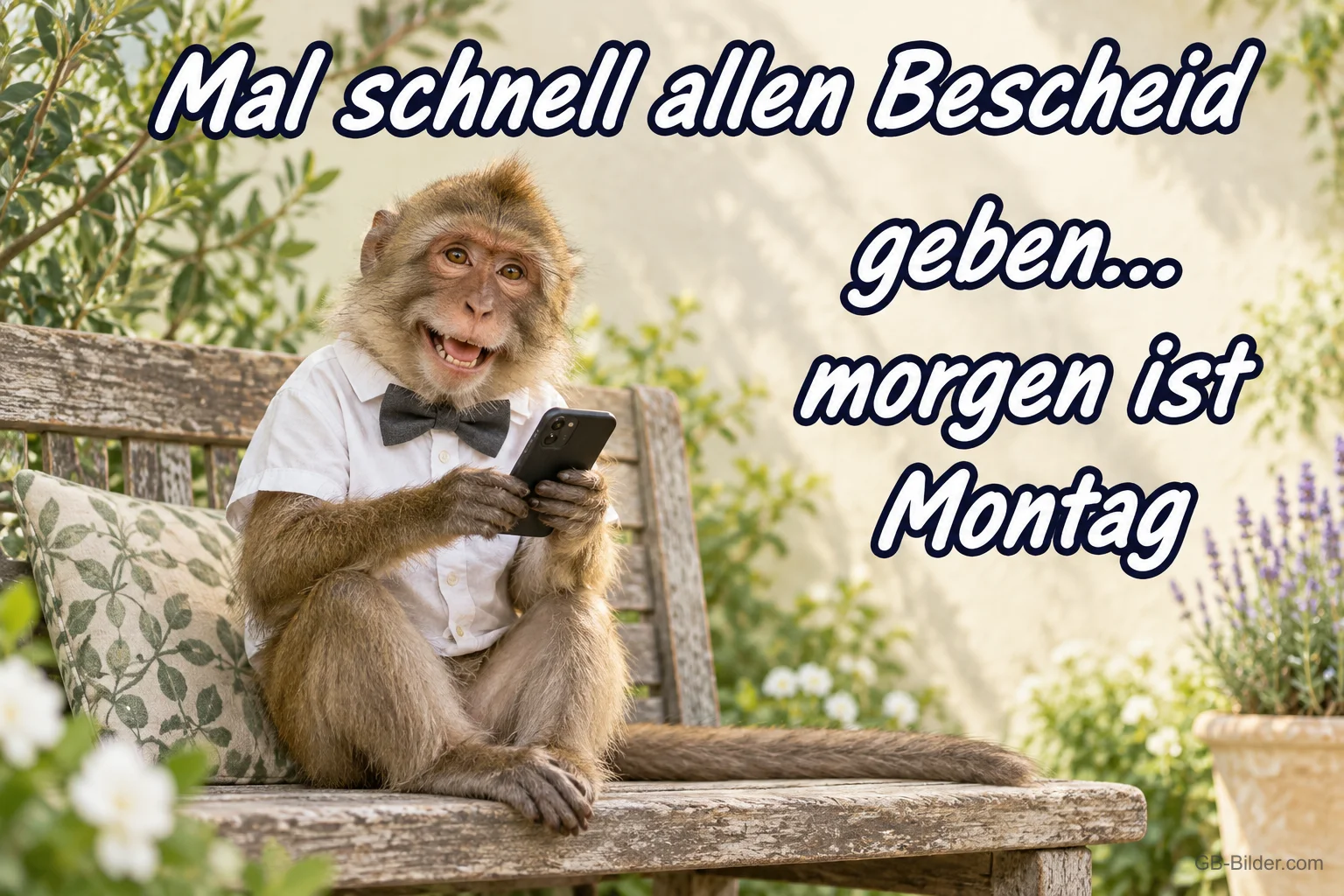 Affe mit Fliege und Handy, Text: Mal schnell allen Bescheid geben, morgen ist Montag