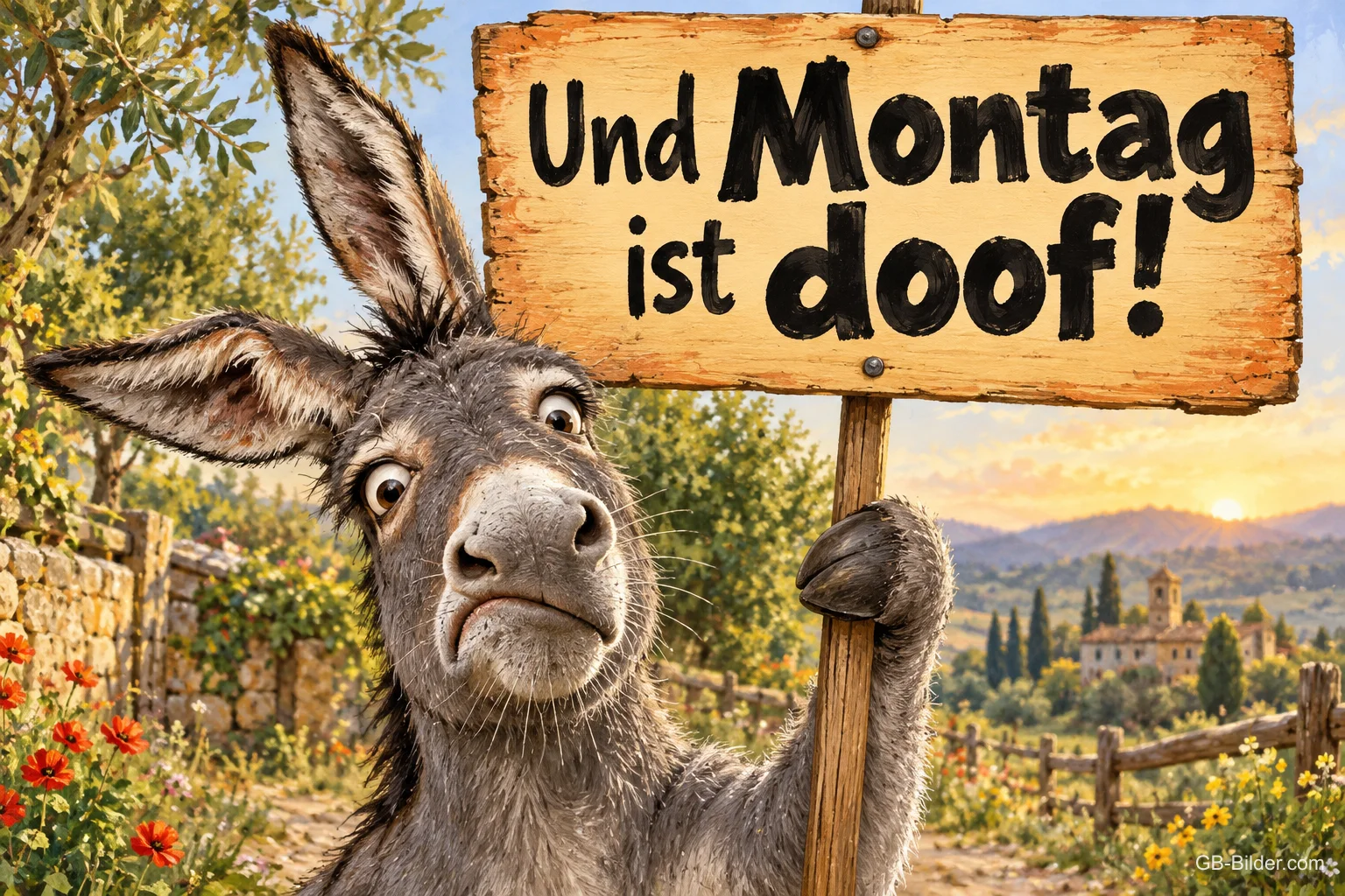 Grimmiger Esel hält ein Holzschild auf einem Feldweg, Text: Und Montag ist doof!