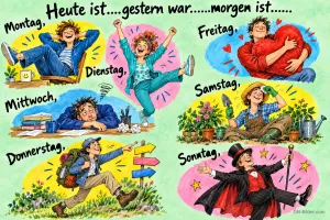 Sieben Figuren zeigen die Stimmung von Montag bis Sonntag, vom Müden bis zum Jubelnden, Text: Heute ist....gestern war.....morgen ist...... Montag, Dienstag, Mittwoch, Donnerstag, Freitag, Samstag, Sonntag