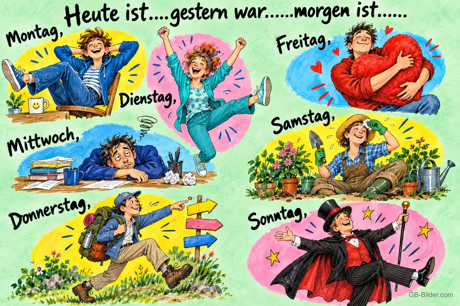 Sieben Figuren zeigen die Stimmung von Montag bis Sonntag, vom Müden bis zum Jubelnden, Text: Heute ist....gestern war.....morgen ist...... Montag, Dienstag, Mittwoch, Donnerstag, Freitag, Samstag, Sonntag