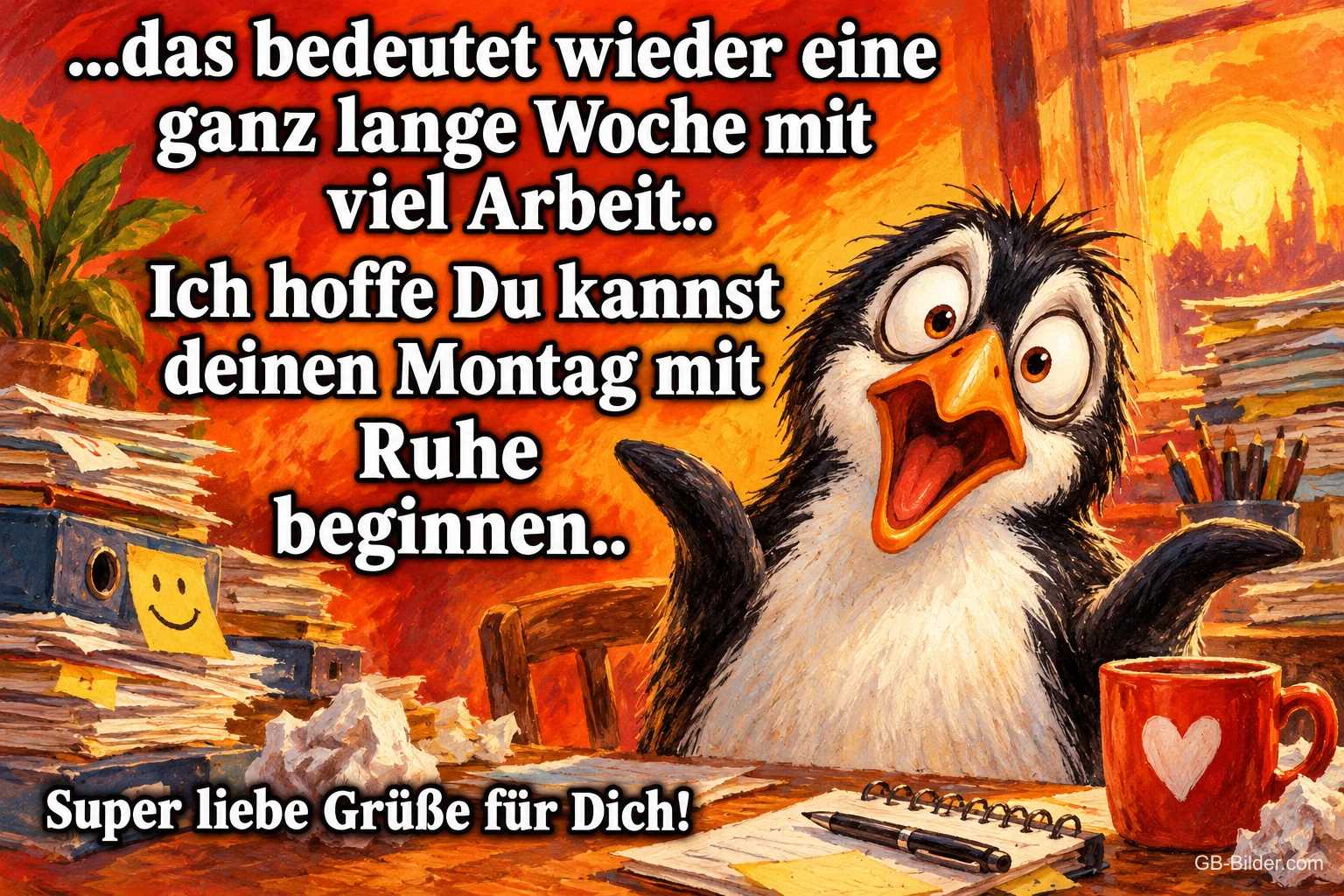 Pinguin mit großen Augen am vollen Schreibtisch mit Aktenstapeln, Text: ...das bedeutet wieder eine ganz lange Woche mit viel Arbeit.. Ich hoffe Du kannst deinen Montag mit Ruhe beginnen.. Super liebe Grüße für Dich!