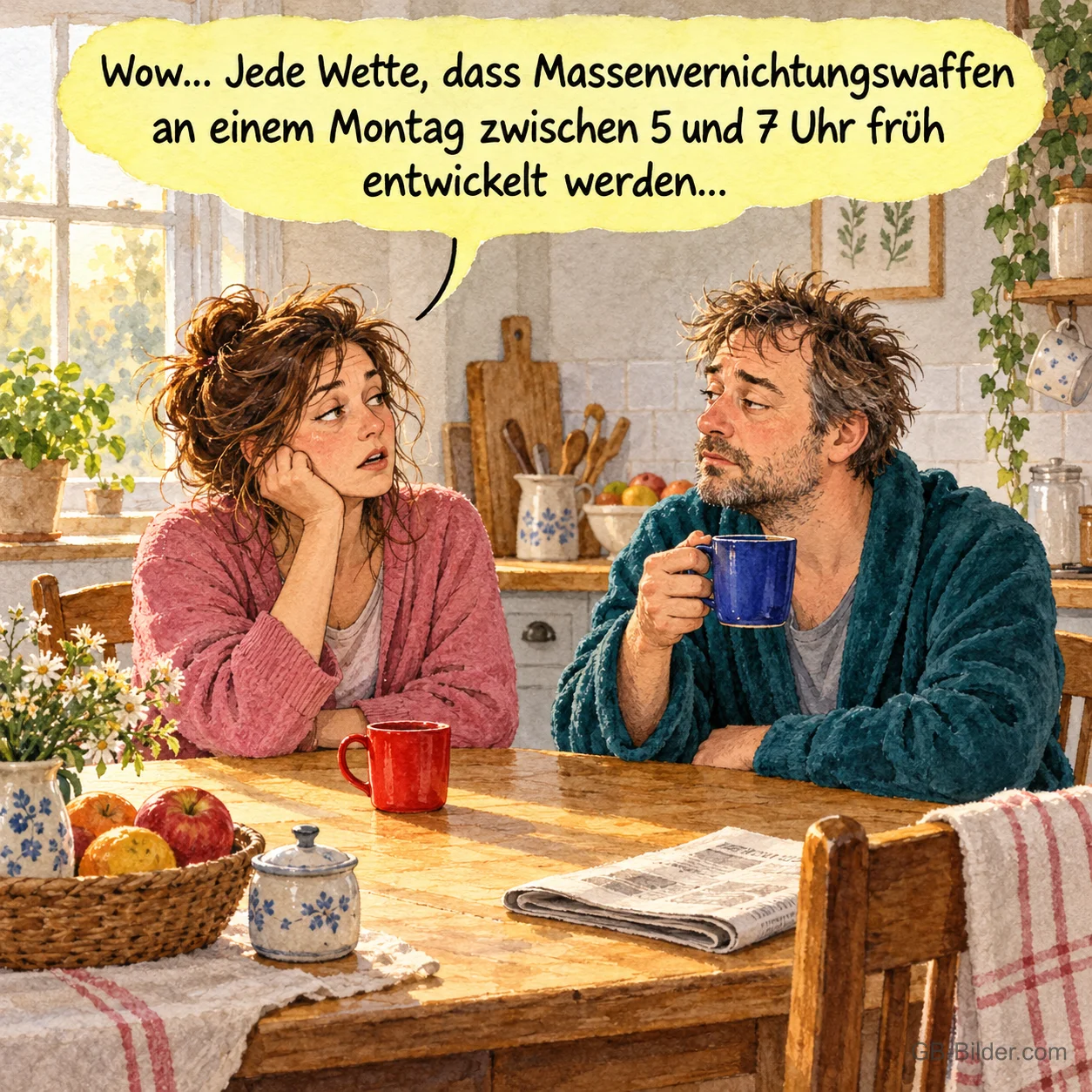 Müdes Paar mit Kaffee am Küchentisch, lustiger Montagsspruch