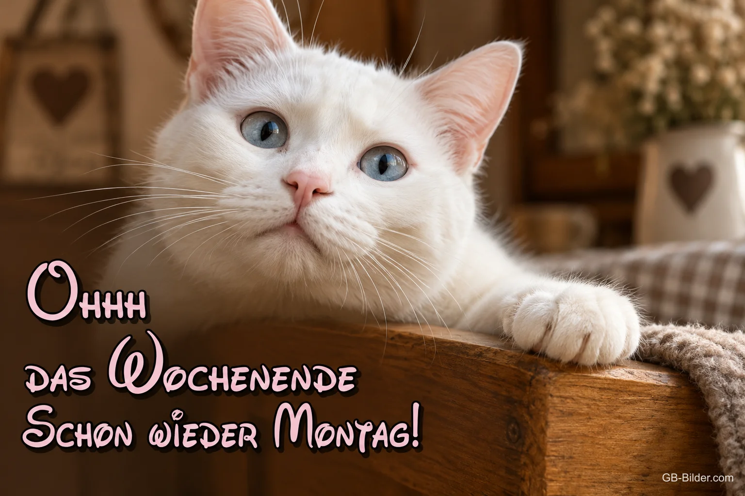 Traurige weiße Katze, Text: Ohhh das Wochenende – Schon wieder Montag!