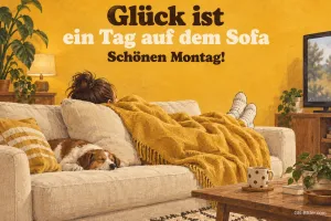 Frau und Hund auf dem Sofa, Text: Glück ist ein Tag auf dem Sofa – Schönen Montag!