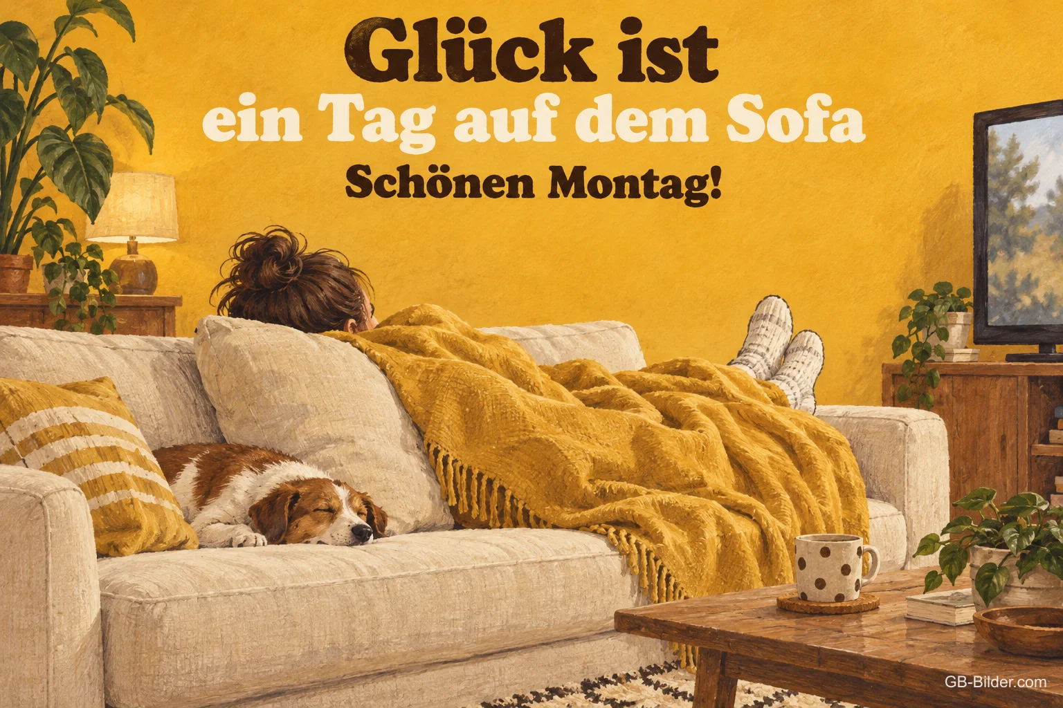 Frau und Hund auf dem Sofa, Text: Glück ist ein Tag auf dem Sofa – Schönen Montag!
