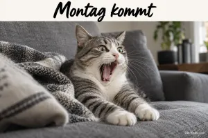 Entsetzte Katze auf dem Sofa, Text: Montag kommt