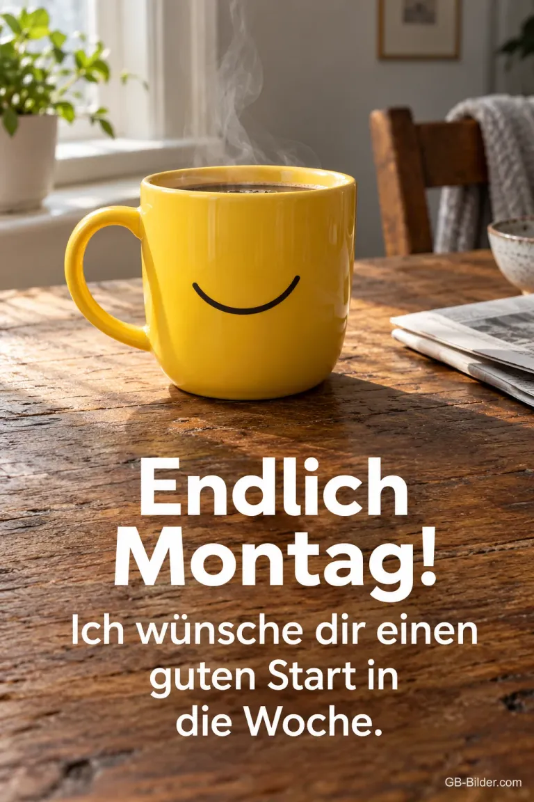 Gelbe lachende Tasse auf Holz, Text: Endlich Montag! Ich wünsche dir einen guten Start in die Woche.
