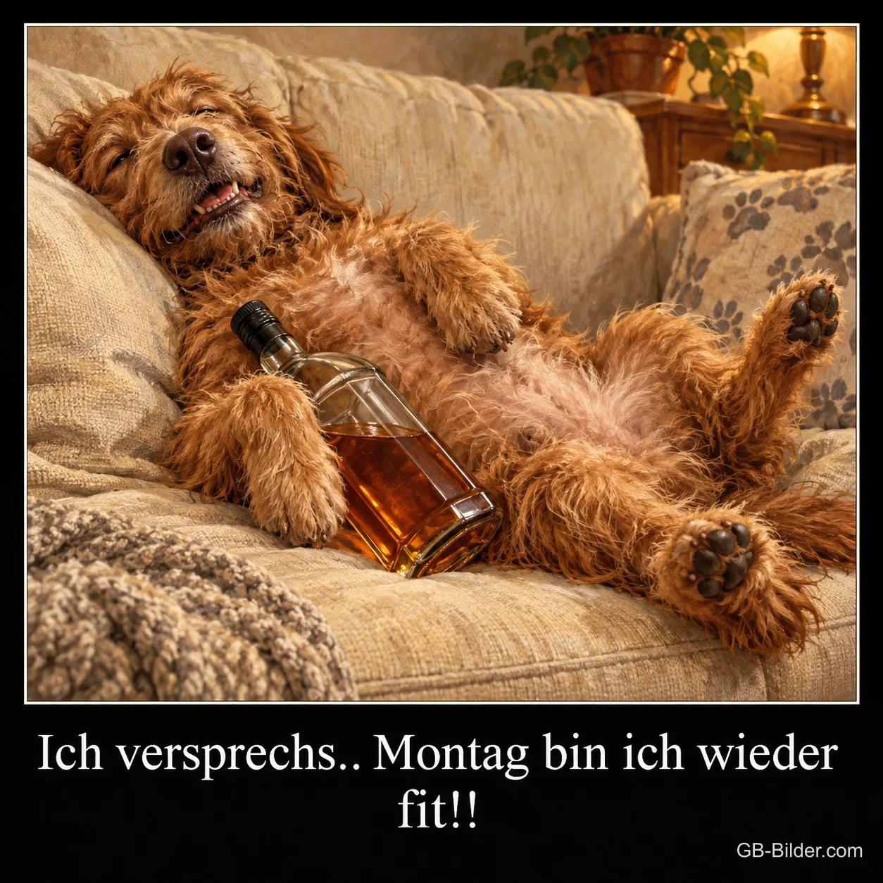 Zotteliger Hund liegt verschlafen mit einer Flasche auf dem Sofa, Text: Ich versprechs.. Montag bin ich wieder fit!!
