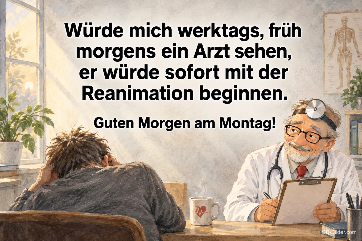 Arzt und müder Patient, lustiger Spruch über den Montagmorgen